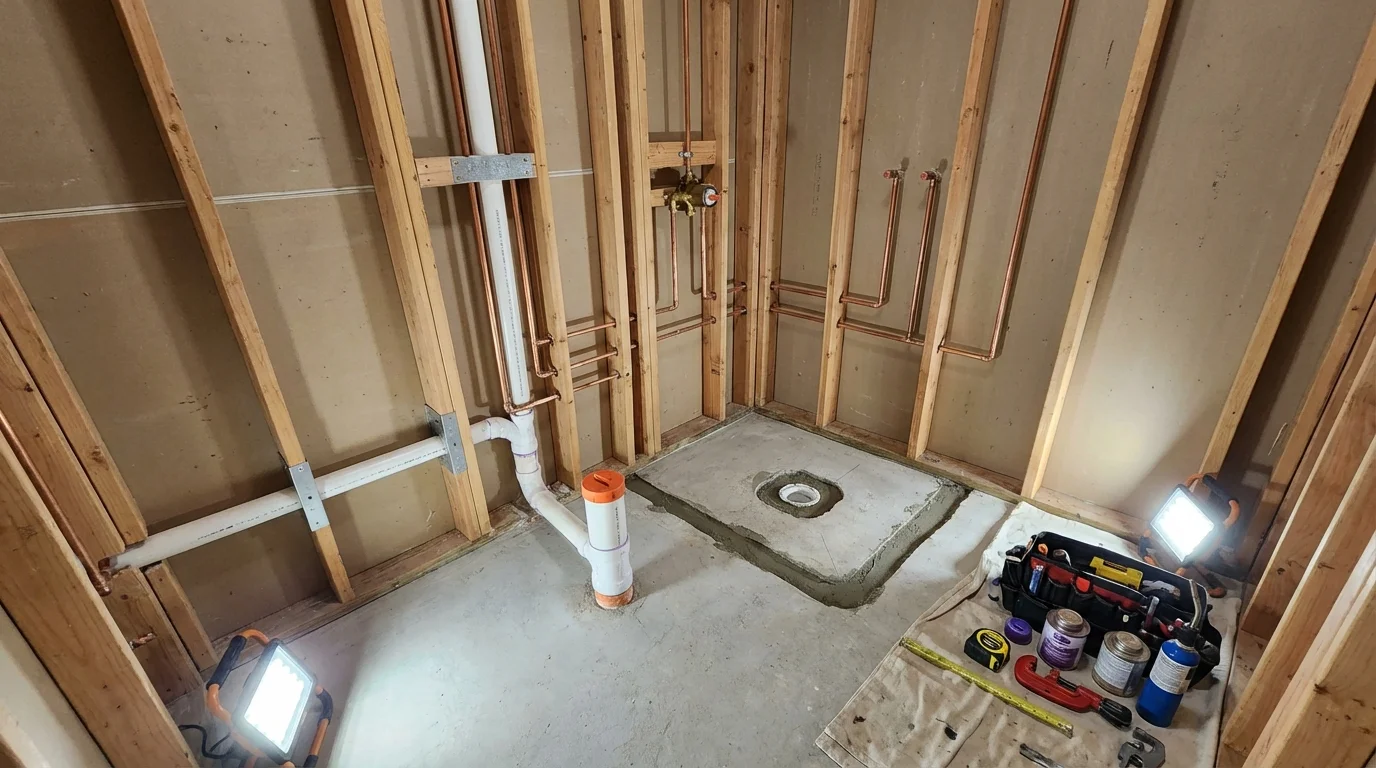Bathroom rough-in plumbing during remodel by Johns Plumbing LLC in Plympton