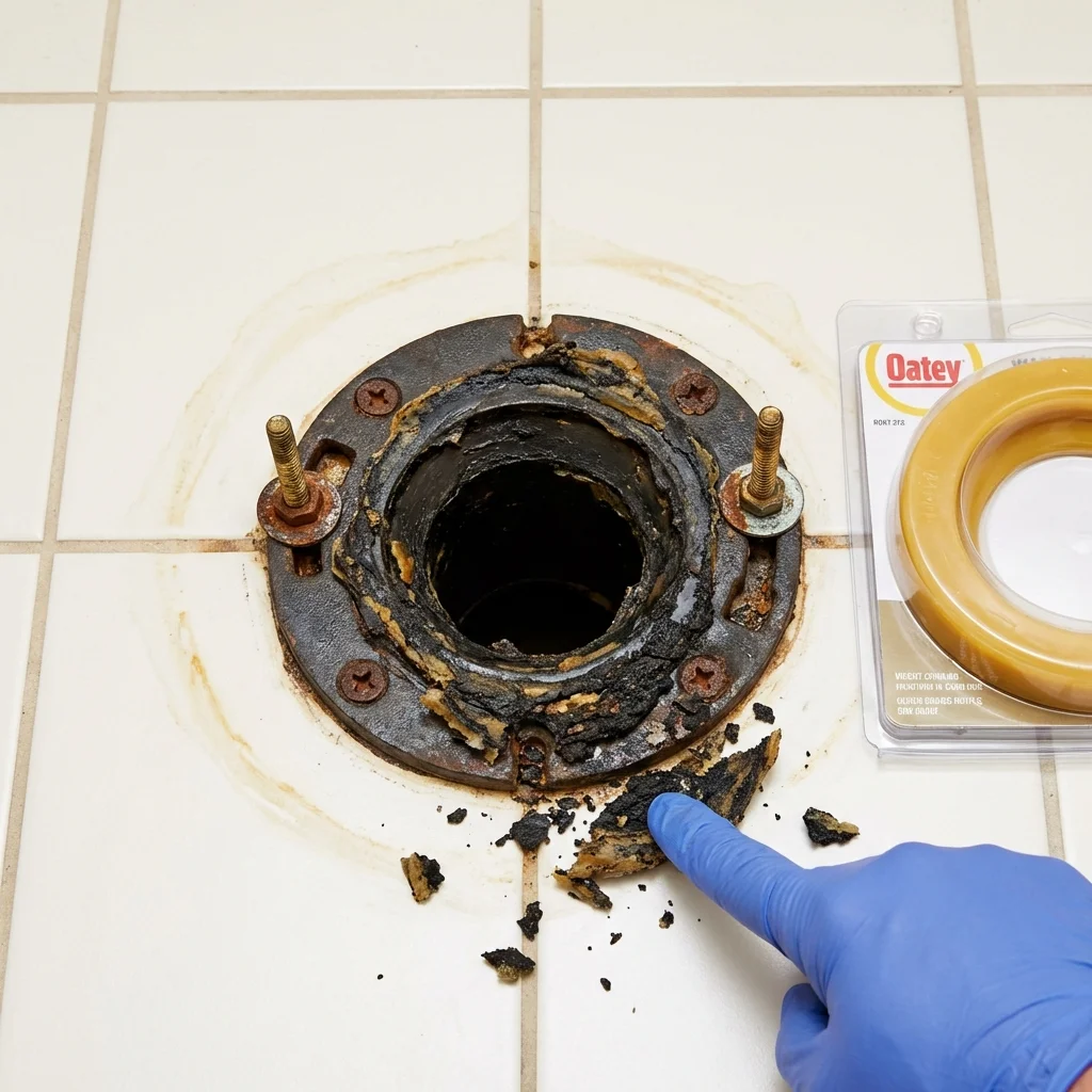 Failed wax ring showing water seepage at the base of a toilet in a Plympton, MA home