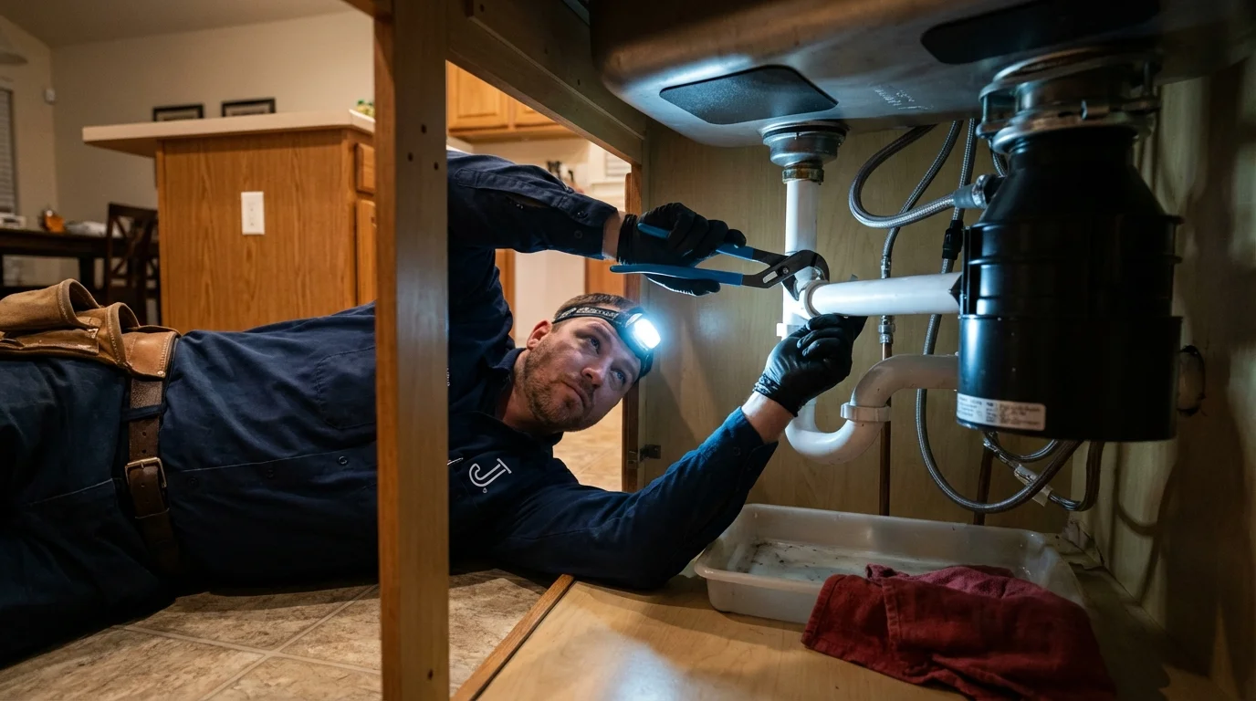 P-trap and supply line connections under a kitchen sink showing a common leak point in Plympton, MA